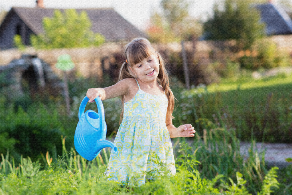 Modern Girl with Watering Can - Oil on canvas effect